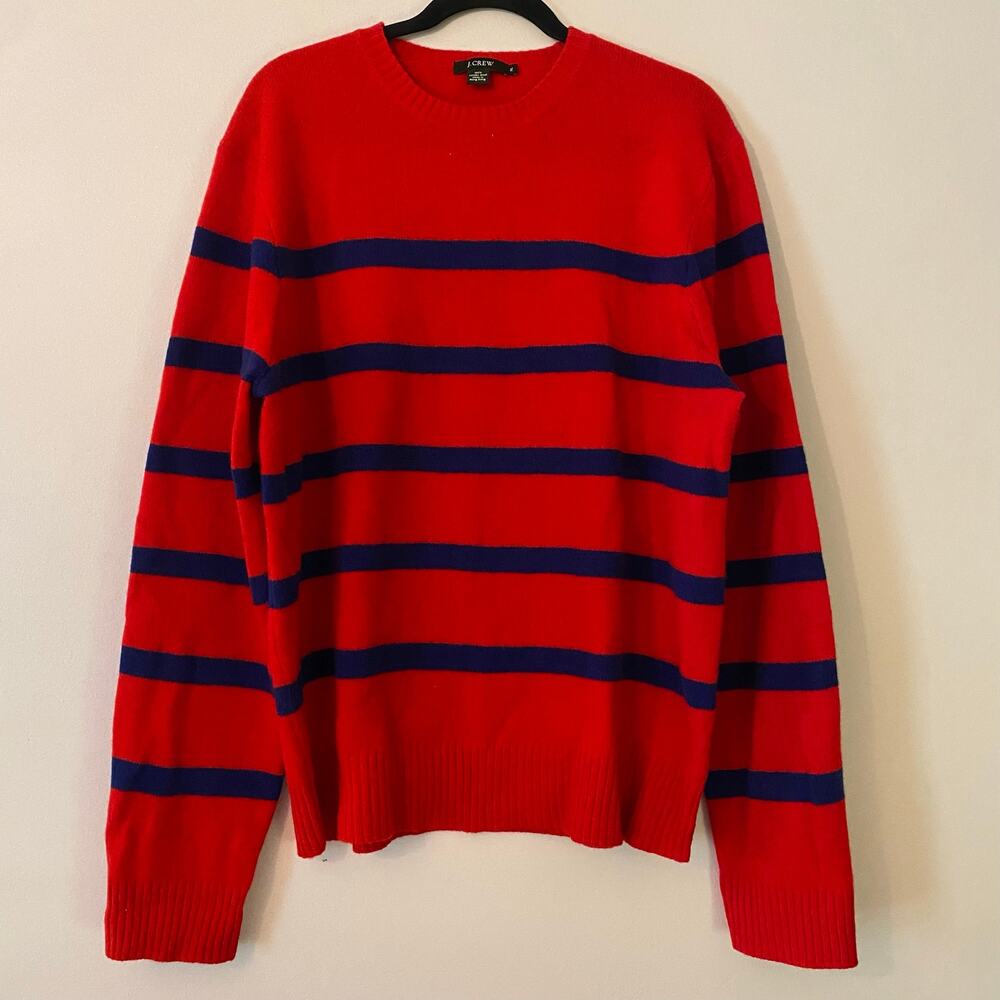 J. Crew Red Blue Stripe 100% Lambs Wool Knit Sweater Crewneck Preppy Minimalist